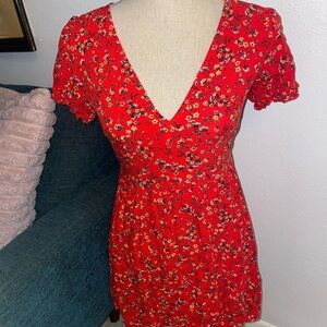 Womens XS Wild Fable Red V Neck Floral Dress With Sleeves